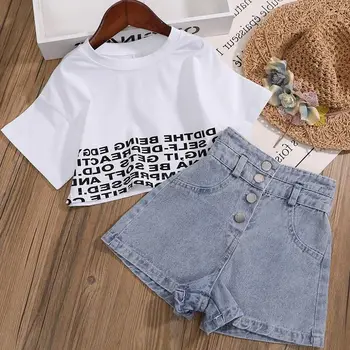 Summer Kids Girls Drabužių komplektas Teen Girl Crop Tops marškinėliai + džinsiniai šortai 2vnt Mergaičių apranga Kūdikių mergaičių drabužiai 4 7 10 iki 12 metų