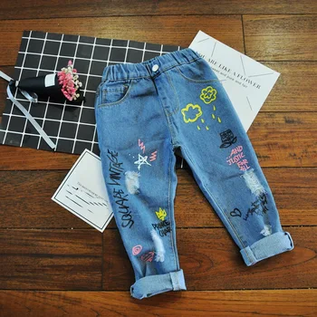 Vaikiški drabužiai Džinsai Kelnės Pavasario mergaitė Personalizuotas spausdinimas Vaikai Skylėtos džinsinės kelnės