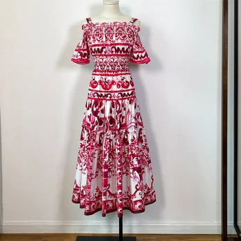 Vasaros kilimo ir tūpimo tako medvilninė suknelė Moteriškas spagečių dirželis Aukštas elastingas juosmuo Mėlynas ir baltas porcelianas Spausdinti Atostogos Midi Vestidos