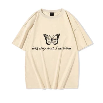 Vintage Butterfly marškinėliai Unisex Fashion Cotton Tshirt Long Story Sbort I Suruived Printed Women Y2k Drabužiai Vasaros marškinėliai
