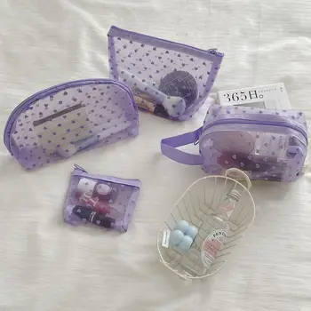 violetinės serijos tinklinis laikymo krepšys nešiojamas nailono širdies spausdinimo makiažo maišelis daugiafunkcinis skaidrus tualeto reikmenų rinkinys kelionės