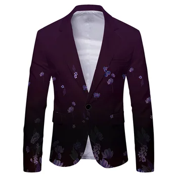 Vyriškas oversized Blazer Button Coat Slim Fit Formal Jacket Printed Business Suit for Wedding Purple White Black Color
