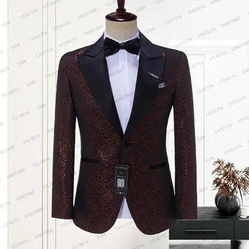 Vyriškas vestuvinis kostiumas 2023 Blizgus itališko dizaino raudonas juodas žakardo gėlių pagal užsakymą pagamintas atsitiktinis verslo smokingo švarkas jaunikis Blazer paltas