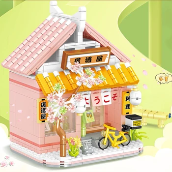 Vyšnių žiedų sezonas Lzakaya Street View dekoravimo modelis Kinijos mažų dalelių statybinis blokas Surinkti žaislai Vaikų mergaitės dovana