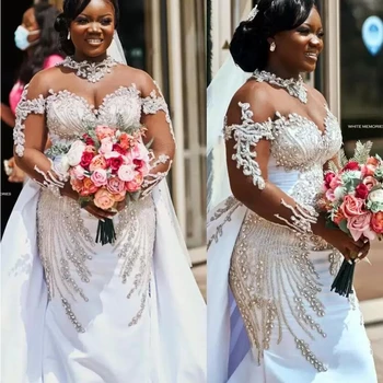 Well Design High Neck Spark Crystals Karoliukai Vestuvinė suknelė su viršutiniu sijonu Vestido De Novia 2024 m. Afrikietiška suknelė ilgomis rankovėmis Nuotakos suknelė
